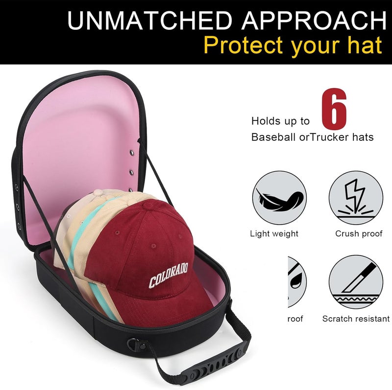 GERMUN Hard baseball hat case, Hat Carrier Travel Case with Adjustable Shoulder Strap, Hat cap case for 6 Baseball Caps - Perfect for Traveling & At-Home Storage (Black with Pink) - Image 2